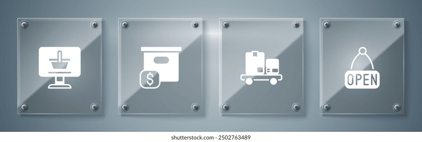 Set Hanging sign with Open, Hand truck and boxes, Carton cardboard price and Shopping cart computer. Square glass panels. Vector