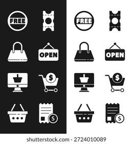 Set Hanging sign with Open, Handbag, Price tag Free, Coupon, Monitor shopping basket, Shopping cart dollar, Paper check financial check and  icon. Vector