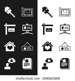 Set Hanging sign with Open house, For Sale, House key, plan, heart shape, contract and Man dreaming about buying icon. Vector
