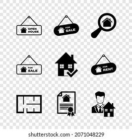 Set Hanging sign with Open house, For Sale, Search, House plan, contract, Realtor,  and check mark icon. Vector
