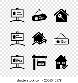 Fijar el signo de colgante con la casa abierta, para alquiler, clave de la casa, venta, marca de verificación y aumento del coste del icono de vivienda. Vector