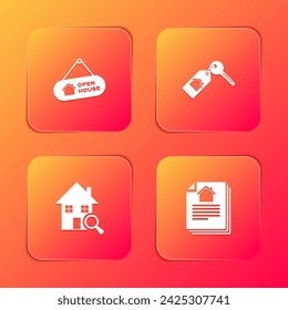 Establecer el signo colgante con la casa abierta, la llave de la casa, la búsqueda y el icono del contrato. Vector