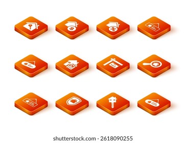 Set Hanging sign with Open house, House under protection, For Rent, Rising cost of housing, key, Sale,  and Search icon. Vector