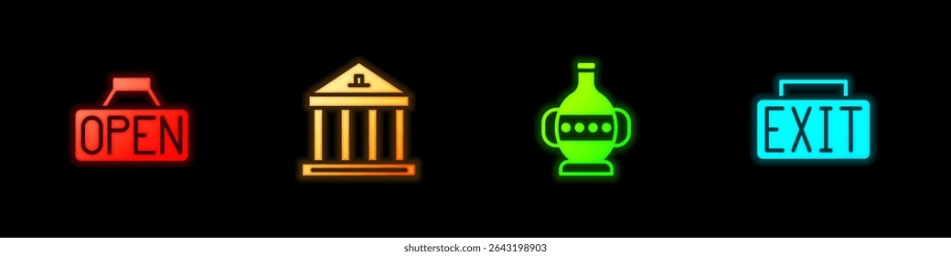 Set Hanging sign with Open, Museum building, Ancient amphorae and Exit icon. Vector