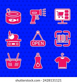 Set Hanging sign with Open, Sauce bottle, T-shirt, Scanner scanning bar code, Shopping basket, Electronic scales for product, cart computer and Canned fish icon. Vector