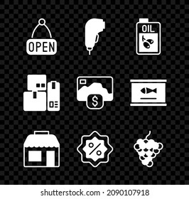 Set Hanging sign with Open, Scanner scanning bar code, Bottle of olive oil, Market store, Discount percent tag, Grape fruit, Cash register machine and Credit card icon. Vector