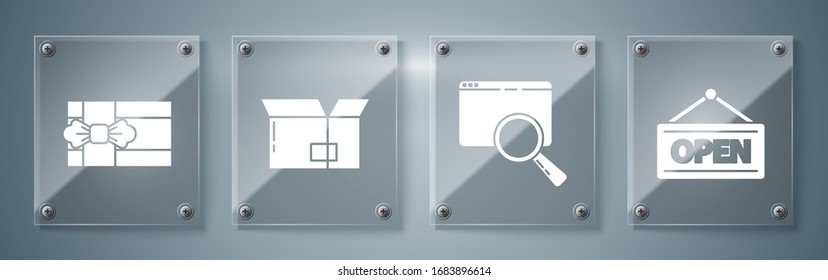 Set Hanging sign with Open, Search in a browser window, Carton cardboard box and Gift box. Square glass panels. Vector