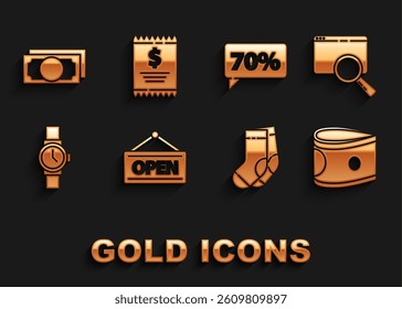 Set Hanging sign with Open, Search browser window, Stacks paper money cash, Socks, Wrist watch, Seventy discount percent tag,  and Paper check and financial check icon. Vector