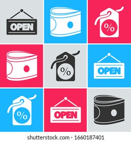 Set Hanging sign with Open, Stacks paper money cash and Discount percent tag icon. Vector
