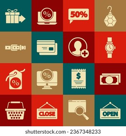 Set Hanging sign with Open, Stacks paper money cash, Wrist watch, Fifty discount percent tag, Credit card, Leather belt, Gift box and Create account screen icon. Vector