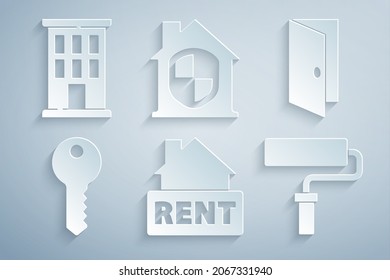 Set Hanging sign with Rent, Closed door, House key, Paint roller brush, under protection and  icon. Vector