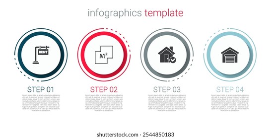 Conjunto de letrero colgante con alquiler, Plan de la casa, marca de verificación y garaje. Plantilla de infografía de negocios. Vector