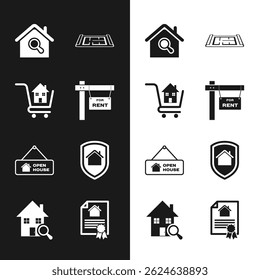 Set Hanging sign with For Rent, Shopping cart house, Search, House plan, Open, under protection, contract and  icon. Vector