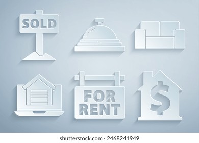 Set Hanging sign with For Rent, Sofa, Online real estate house, House dollar symbol, Hotel service bell and text Sold icon. Vector