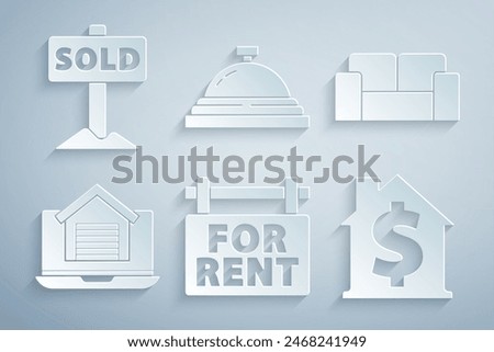 Set Hanging sign with For Rent, Sofa, Online real estate house, House dollar symbol, Hotel service bell and text Sold icon. Vector