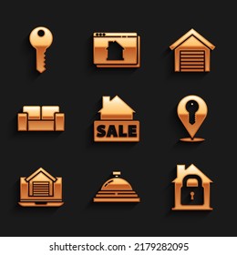 Set Hanging Sign With Sale, Hotel Service Bell, House Under Protection, Location Key, Online Real Estate House, Sofa, Garage And  Icon. Vector