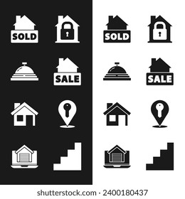 Set Hanging sign with Sale, Hotel service bell, text Sold, House under protection, Location key, Staircase and Online real estate house icon. Vector