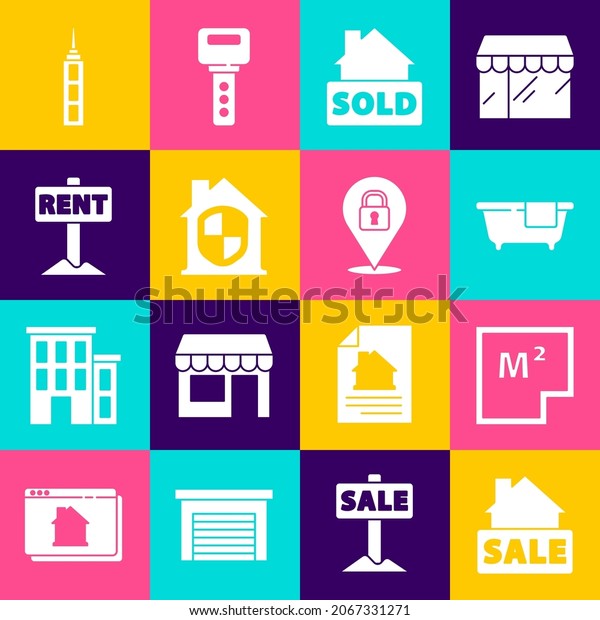 Set Hanging sign with Sale, House plan, Bathtub,
text Sold, under protection, Rent, Skyscraper and Location lock
icon. Vector
