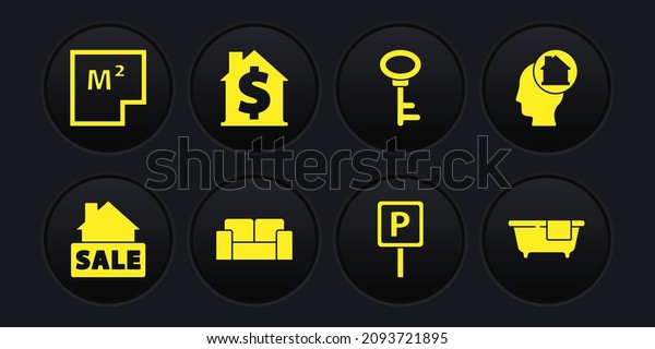 Set Hanging sign with Sale, Man dreaming about\
buying house, Sofa, Parking, House key, dollar symbol, Bathtub and\
plan icon. Vector
