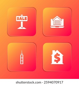 Set Hanging sign with Sale, Online real estate house, Skyscraper and House dollar symbol icon. Vector