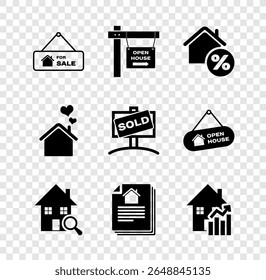 Set Hanging sign with For Sale, Open house, House percant, Search, contract, Rising cost of housing, heart shape and Sold icon. Vector