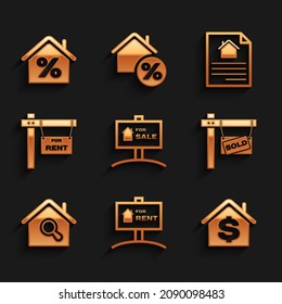 Set Hanging sign with For Sale, Rent, House dollar, Sold, Search house, contract and percant icon. Vector