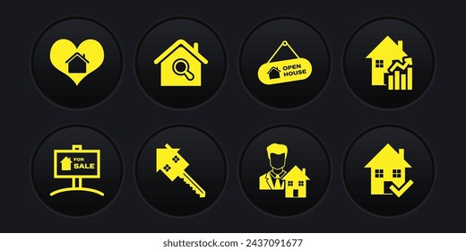 Set Hanging sign with For Sale, Rising cost of housing, House key, Realtor, Open house, Search, check mark and heart shape icon. Vector
