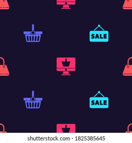 Set Hanging sign with Sale, Shopping basket, Monitor shopping and Handbag on seamless pattern. Vector.