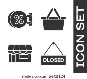 Set Hanging sign with text Closed, Signboard hanging with an inscription discount percent, Shopping building or market store and Shopping basket icon. Vector