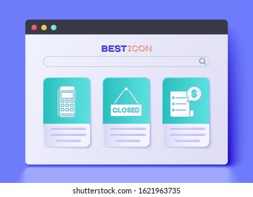 Set Hanging sign with text Closed, Pos terminal and Paper check and financial check icon. Vector