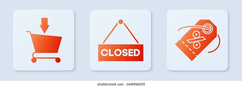 Set Hanging sign with text Closed, Add to Shopping cart and Discount percent tag. White square button. Vector