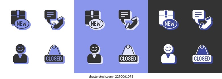 Set Hanging sign with text Closed, New collection, Happy customer and Telephone 24 hours support icon. Vector