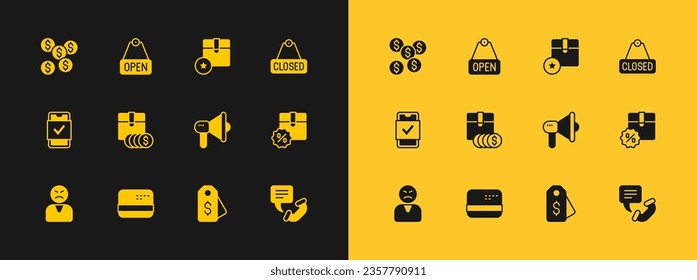Set Hanging sign with text Closed, Credit card, Megaphone, Price tag dollar, Item price, Carton cardboard box, Dollar symbol and Open icon. Vector