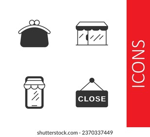 Set Hanging sign with text Closed, Wallet, Online shopping on phone and Market store icon. Vector