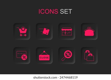 Set Hanging sign with text Closed, Location cardboard box, Add to Shopping cart, Magnifying glass percent, Wallet, Paper shopping bag, Market store and Discount icon. Vector