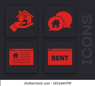 Establecer el signo de Colgar con texto Alquiler en línea, Realtor, Edificio de la casa en la burbuja de voz y el signo de Colgar con texto en línea Icono de venta en línea. Vector