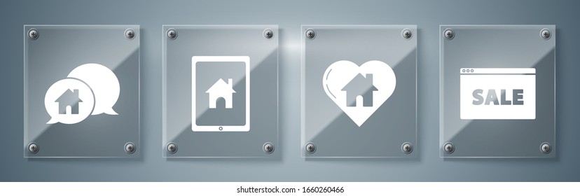 Ponga el signo Colgar con texto Venta en línea, Casa con forma cardíaca, Tablet y casa inteligente y edificio de la casa en burbuja de habla. Paneles de vidrio cuadrado. Vector