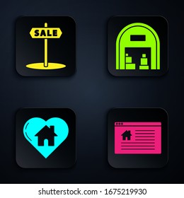 Setze Hängezeichen mit Text Online-Verkauf, Hängezeichen mit Text Verkauf, Haus mit Herzform und Lager. Schwarze Quadrat-Taste. Vektorillustration