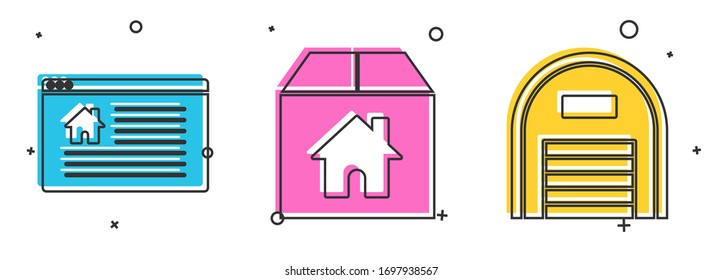 Establecer el signo Colgar con texto Venta en línea, Caja de cartón con el icono de casa y almacén. Vector