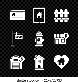 Set Hanging sign with text Online Sale, Tablet and smart home, Garden fence wooden, Warehouse dollar symbol, Home, House heart shape, Sold and Fire hydrant icon. Vector