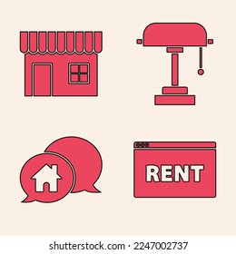 Set Hanging sign with text Online Rent, Shopping building or market store, Table lamp and House building in speech bubble icon. Vector