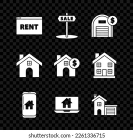 Set Hanging sign with text Online Rent, Sale, Warehouse dollar symbol, Mobile phone smart home, Laptop and, House,  and  icon. Vector