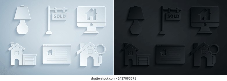 Set Hanging sign with text Online Sale, Computer monitor smart home, House, Search house, Sold and Table lamp icon. Vector