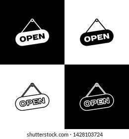 Set Hanging sign with text Open door icons isolated on black and white background. Vector Illustration