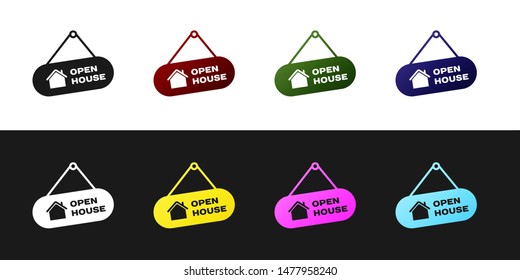 Set Hanging sign with text Open house icon isolated on black and white background. Signboard with text Open house.  Vector Illustration