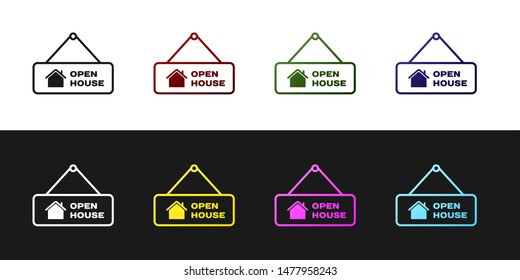 Set Hanging sign with text Open house icon isolated on black and white background. Signboard with text Open house.  Vector Illustration