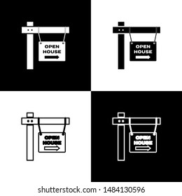 Set Hanging sign with text Open house icon isolated on black and white background. Signboard with text Open house.  Vector Illustration