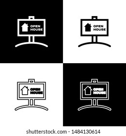 Set Hanging sign with text Open house icon isolated on black and white background. Signboard with text Open house.  Vector Illustration