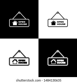 Set Hanging sign with text Open house icon isolated on black and white background. Signboard with text Open house.  Vector Illustration