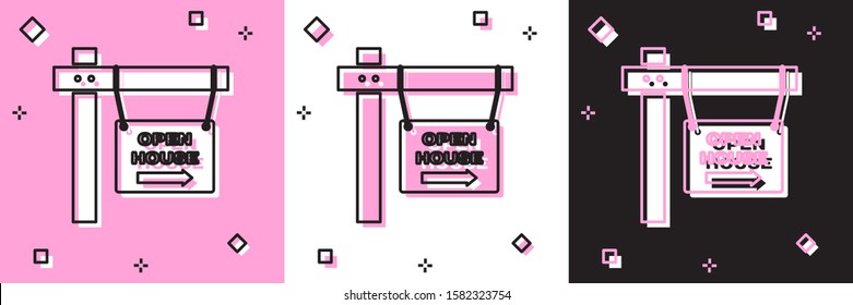 Set Hanging sign with text Open house icon isolated on pink and white, black background. Signboard with text Open house.  Vector Illustration